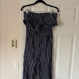 aerie Navy and White Striped Strapless Jumpsuit